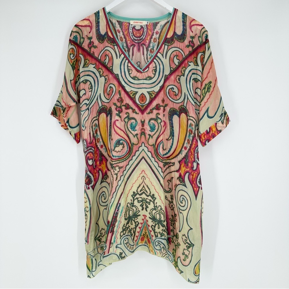 Johnny Was 100% Silk Boho Printed Flowy 3/4 Sleeve Pocket Tunic Top